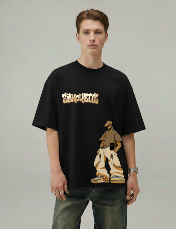 Person wearing a black t-shirt with a graphic design and 'Silhouette' text on a plain background