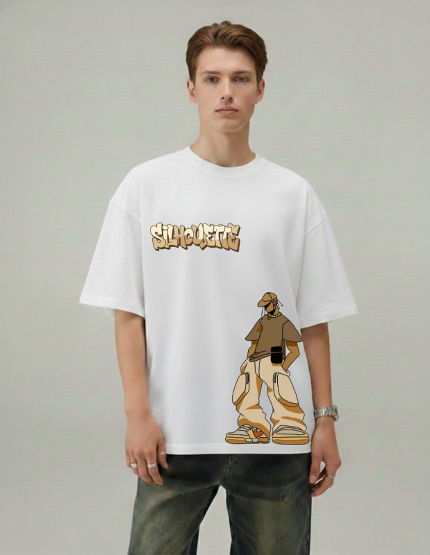 Person wearing a white t-shirt with graphic design and text on a plain background