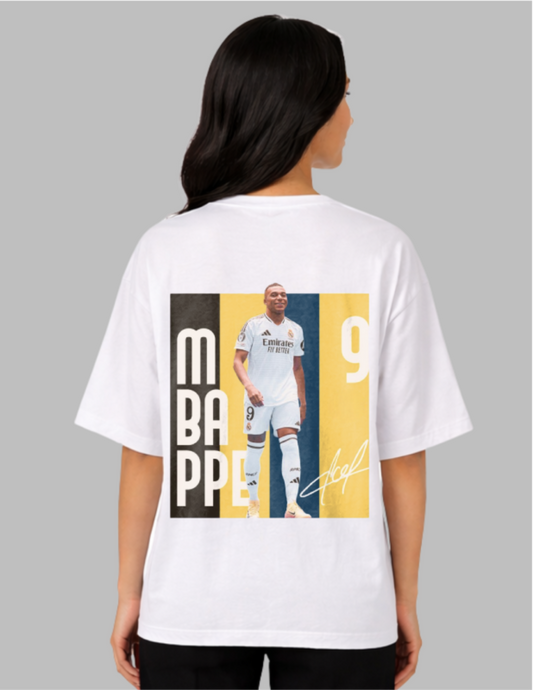 Person wearing a white t-shirt with a graphic of a soccer player and text on the back