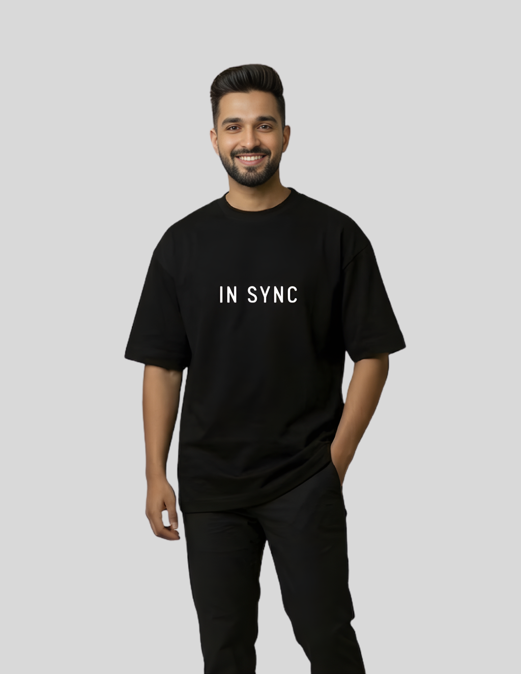 couple men oversized t-shirt out of control/in sync