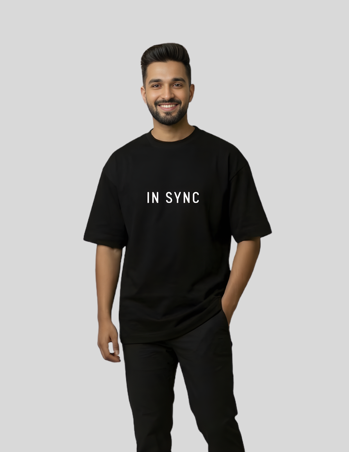 couple men oversized t-shirt out of control/in sync