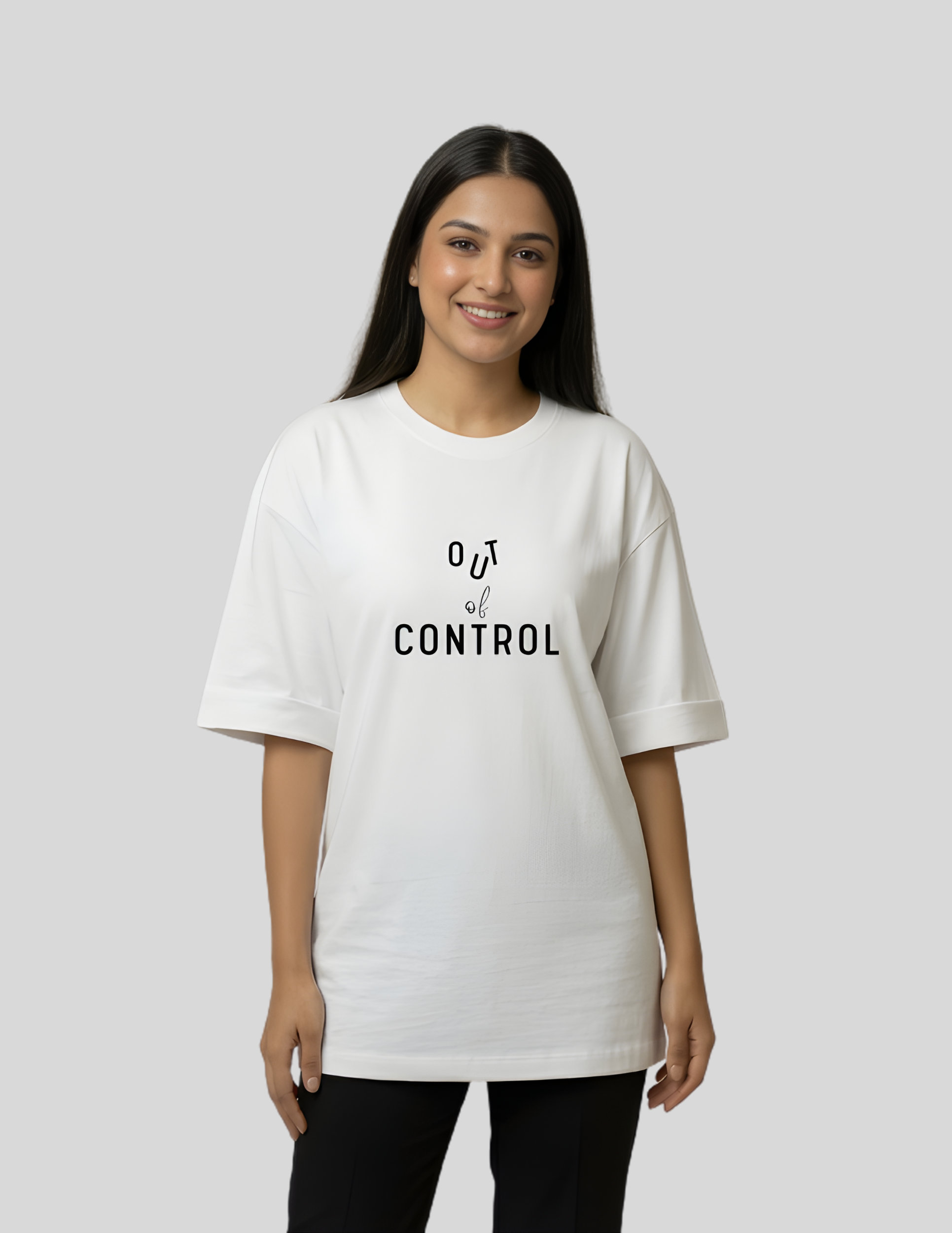 couple women oversized t-shirt out of control/in sync