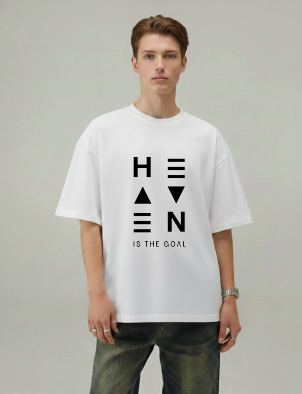 Person wearing a white t-shirt with 'HEAVEN IS THE GOAL' text on a plain background