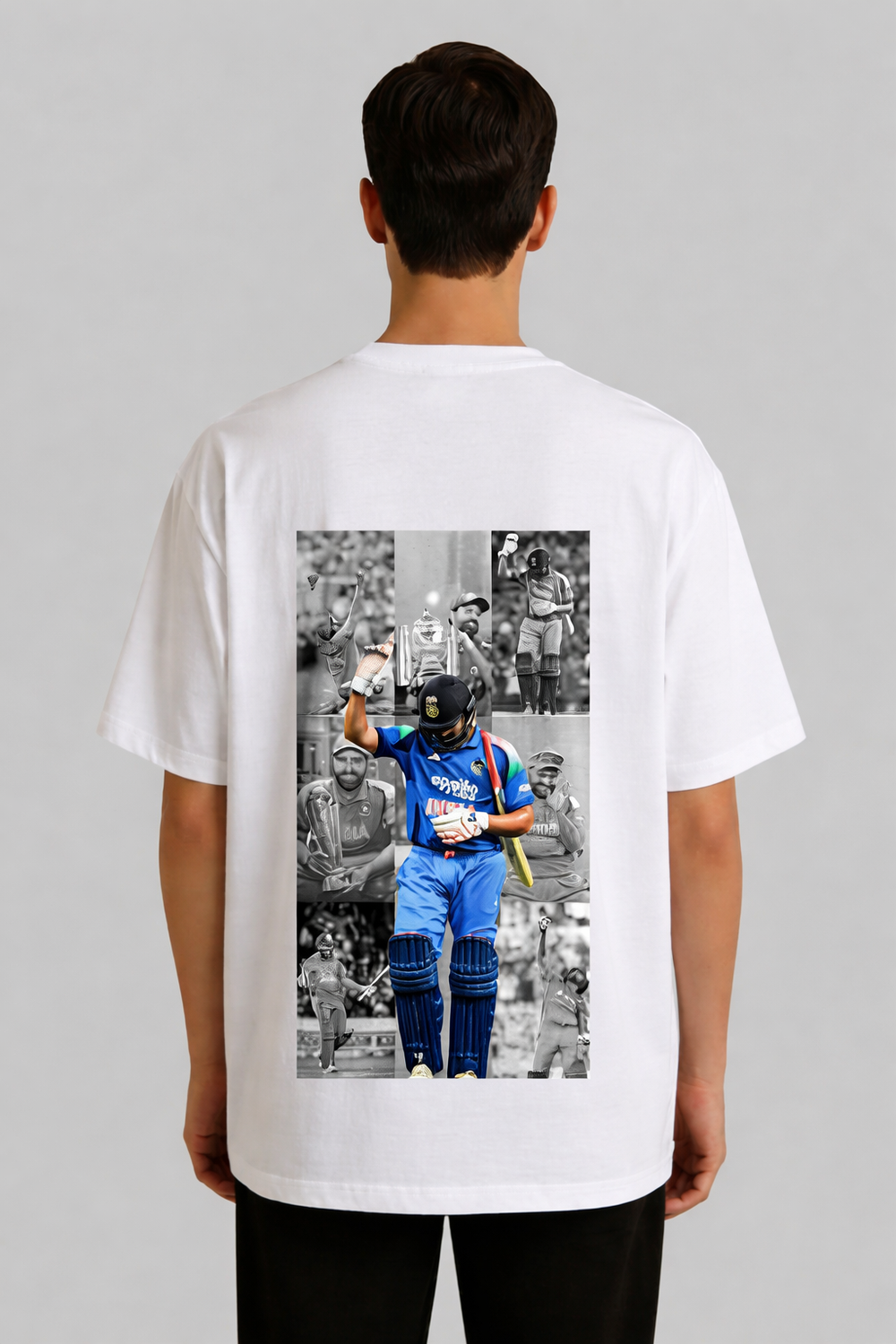Person wearing a white t-shirt with a graphic of a sports player on the back