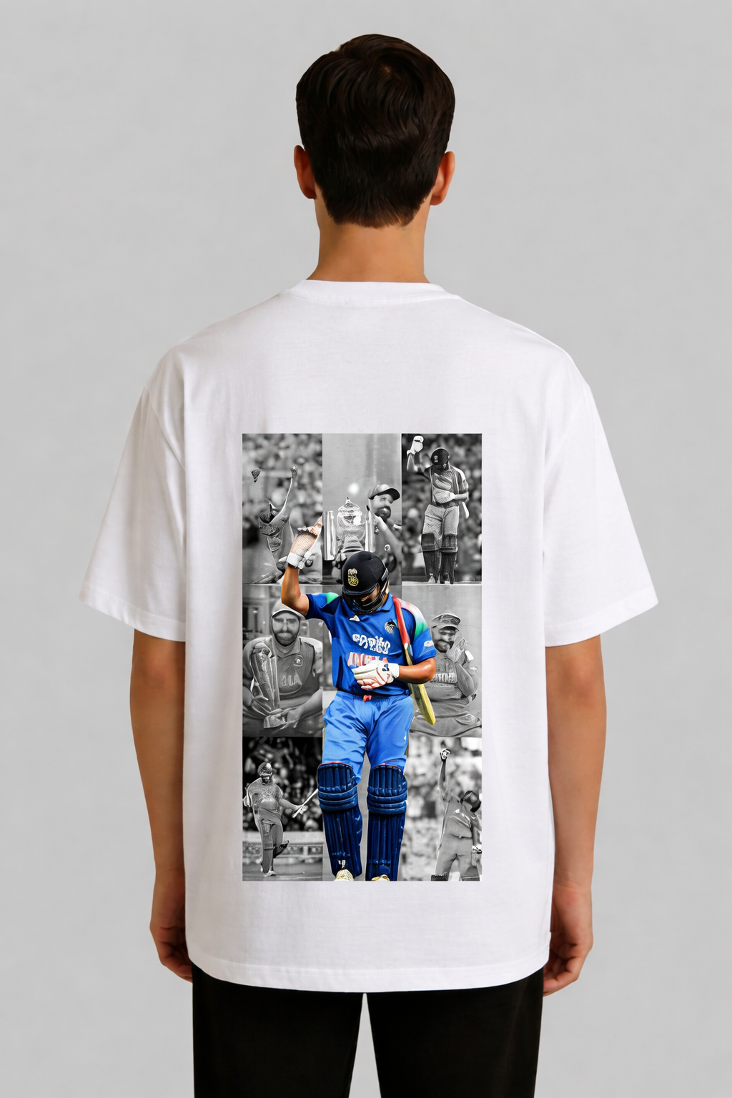 Person wearing a white t-shirt with a graphic of a sports player on the back