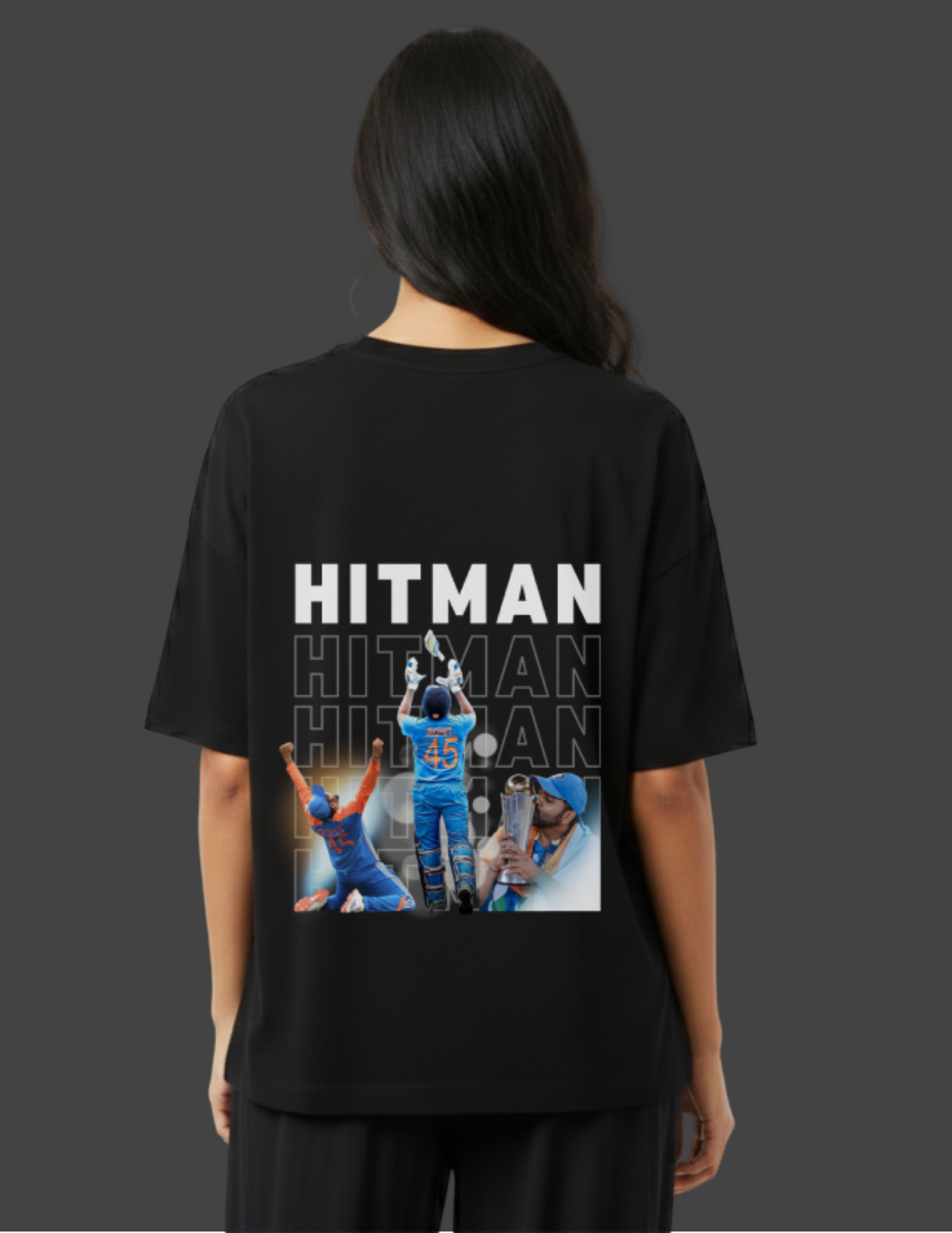 Black t-shirt with 'Hitman' graphic and images of a person in a blue outfit on a gray background