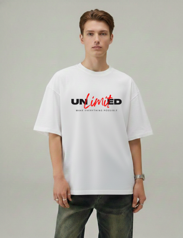 Person wearing a white t-shirt with text on a plain background